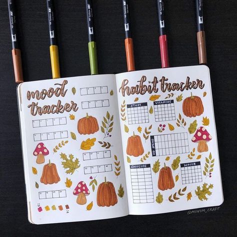 Autumn Bullet Journal, Bullet Journal Tracker, Habit Trackers, Bullet Journal Mood, Bullet Journal Aesthetic, Planner Spread, Doodle Lettering, Journal Aesthetic, Full Look