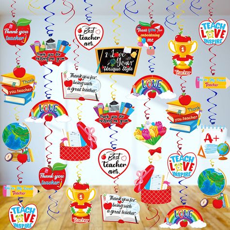 PRICES MAY VARY. Package includes 30pcs teacher appreciation hanging swirls with cutouts and 10pcs double hanging swirls. Perfect for celebrating teacher appreciation day. Material - They are made of paper stock.Double-sides printing.The paper cards sizes are approx. 2.3” to 7.9”.Each thank you teacher hanging decoration extends to approx. 24.8” long. Unique design - Featured teacher appreciation theme designs include apple,book,flower,pencil,blackboard,”Best teacher ever”,”Thank you teacher”,”T Foil Ornaments, Teacher Appreciation Themes, Appreciation Thank You, Love Teacher, Teaching Teachers, Best Teacher Ever, Teachers Day, Apple Books, School Decorations