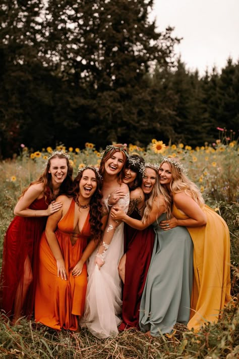 Rustic Bridesmaid Dresses, Mix Match Bridesmaids, Oregon Coast Elopement, Fall Wedding Bridesmaids, Coast Elopement, Pumpkin Wedding, Indie Wedding, Festival Bride, Autumn Bride