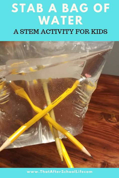 Wow kids with this fun water magic trick that uses supplies you already have on hand. This activity will have kids loving science and tapping into their inquisitive sides. Use a pencil to stab a bag of water without spilling a single drop! Challenge kids to see how many pencils they can stick through a bag of water.  Is it two, three, five, ten?! Stem Activity For Kids, Polymer Science, Elementary Stem Activities, Water Magic, School Age Activities, Science Week, Science Experiments For Preschoolers, Science Club, Stem Activity