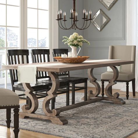 One Allium Way® Annora Extendable Trestle Dining Table & Reviews | Wayfair Trestle Dining Table, Farmhouse Kitchen Tables, Trestle Dining Tables, Counter Height Table, Trestle Table, Solid Wood Dining Table, Style Rustique, Leaf Table, Farmhouse Dining