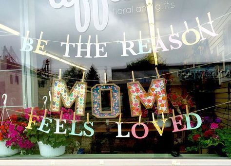 Mother's Day window display Mothers Day Display Ideas, Spring Retail Window Displays, Spring Window Display Ideas Store Fronts, Business Window Displays, Flower Shop Window Displays, Florist Window Display, Charity Shop Display Ideas, Salon Window Display, Salon Window