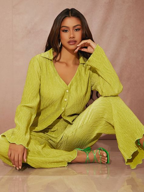 Lime Green Casual Collar Long Sleeve Polyester,Polyester Plain  Embellished Slight Stretch Spring Women Co-ords Stool Poses, Lettuce Trim Top, Birthday Pic, Verde Lima, Ipad Drawings, Two Piece Jumpsuit, Single Button Blazer, Crop Top Skirt, Trim Top