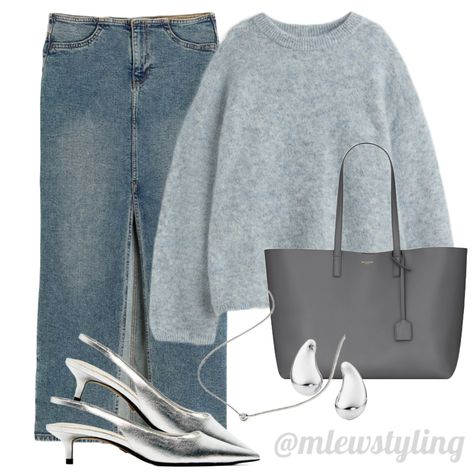 Fall work outfit Silver Bag Outfit Street Styles, Silver Kitten Heels Outfit, Gray Bag Outfit, Gray Top Outfit, Light Grey Sweater Outfit, Knit Leggings Outfit, Silver Bag Outfit, Grey Bag Outfit, Denim Trousers Outfit