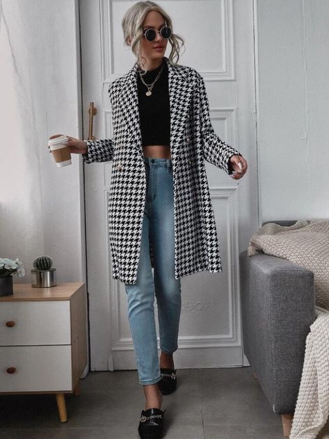 Mid-length Houndstooth Pattern Coat - Mahoganyfair Maxi Blazer, Woolen Coat Woman, Outfit Elegantes, Streetwear Dress, Houndstooth Coat, Elegant Jacket, Long Overcoat, Long Winter Coats, Langer Mantel