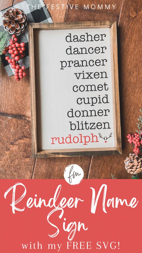 DIY reindeer name sign with free reindeer name SVG. Dasher dancer prancer vixen comet Cupid donner blitzen rudolph sign. Santas Reindeers Names, Reindeer Signs Wood, Santa’s Reindeer Names, Reindeer Names Sign, Reindeer Names Printable Free, Reindeer Names Svg Free, Christmas Signs Svg, Reindeer Sign, Reindeer Printable