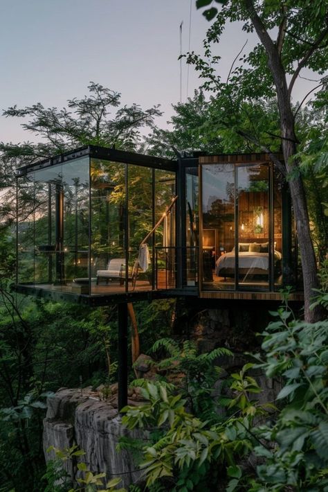 Studio cabin treetops. Discover creative modern treetop cabins that transform your woodland escape into a stylish and cozy retreat! Glass House Studio, Glass House In The Woods, Modern Jungle House, Vacation House Design, Tropical Cabin, Thailand Retreat, Holistic Retreat, Selfie Challenge, Dream Escape