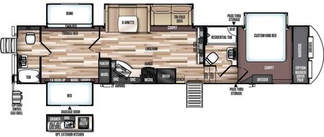 Our Favorite Fifth Wheel Floor Plans with 2 Bedrooms – Camper Report Travel Trailer Floor Plans, Camper Flooring, Rv Floor Plans, Trailer Life, Forest River Rv, Fifth Wheels, Bunk House, Remodeled Campers, Diy Flooring