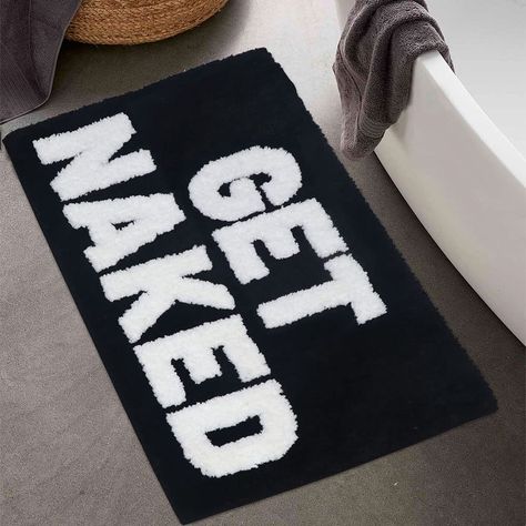 PRICES MAY VARY. ✩ 【Premium Material】– The get naked bath mat is made of thick and high quality microfiber, which is soft to the touch, water absorbent and protects your floor from dripping water. ✩ 【Funny Bath Mat】– This funny bath mat has white letters "Get Naked", the tufted text design keeps this cute bath mat looking and feeling great, even with repeated use. Also adds great fun to your home and bathroom decor. ✩ 【Ideal Size and Non Slip Backing】– Bath Mat: 20" W x 31.5" L, which is an idea Black Bath Rug, Black Bathroom Rug, Funny Bath Mat, Black Bath Mat, Htv Shirts, Chenille Bath Mat, Dripping Water, Cute Bath Mats