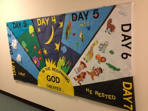 Bible Class Decorating Ideas, Creation Bulletin Boards Preschool, Nursery Bible Class Ideas, Gods Creation Bulletin Board Ideas, Days Of Creation Diorama, Genesis Bulletin Board Ideas, Creation Bible Class Decor, Days Of Creation Bulletin Board Ideas, Creation Classroom Decorations