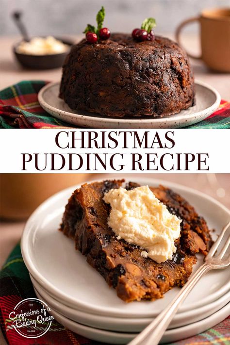 This Christmas Pudding Recipe is a traditional English dessert served on Christmas Day. Best made weeks ahead of time so you can feed the pudding with Brandy, this classic, traditional dessert is always a winner. Step-by-step photos teach you how to make this Christmas pudding. Homemade Christmas Desserts, English Pudding, British Pudding, Christmas Pudding Recipes, Xmas Pudding, English Desserts, British Cooking, British Recipes, Cocoa Cake