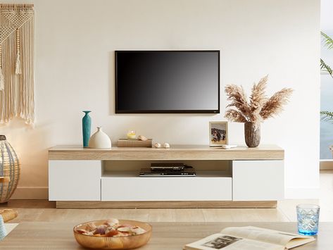 Lowline Tv Unit, White Tv Cabinet, White Tv Unit, Wooden Tv Cabinet, Tv Unit Decor, Coastal White, Coastal Theme, Rack Tv, Interior Design Themes