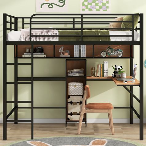 Features: [Sturdy Construction] Constructed of metal+MDF, this loft bed features a sturdy high quality metal construction for durability and high load capacity, ensuring longevity. Wood Loft Bed, Small Storage Cabinet, Loft Bed Frame, Twin Size Loft Bed, Metal Bunk Beds, Bed Desk, Bed Slats, L Shaped Desk, Desk Shelves