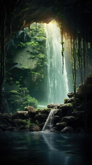 Enchanting waterfall emerging from a hidden cave wallpaper for the phone Waterfall Cave, Cave Waterfall, Cave Wallpaper, Dream Inspiration, Waterfall Wallpaper, Waterfall Paintings, Tropical Painting, Lucid Dream, Landscape Concept