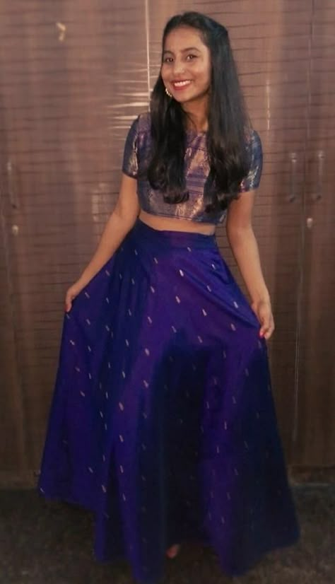 An old silk saree made into a skirt and crop top. Silk Skirt Top Indian Outfit, Lehenga From Old Silk Saree, One Piece Dress Design From Saree, Crop Top Lehenga From Old Saree, Silk Saree Into Lehenga, Traditional Dresses From Old Saree, Saree To Crop Top Convert, Ghagra From Old Saree, Skirt And Crop Top From Old Saree