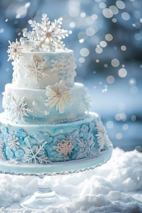 Snowy Delight: A Cake as Unique as Every Snowflake Winter Wonderland First Birthday Cake, Winter Theme Cake Ideas, Winter Themed Cakes, Snow Cake Birthday, Snow Cake Winter, 1st Birthday Party Ideas Winter, Winter Wonderland Cake Ideas, Snowflake Cakes, Winter Birthday Cake