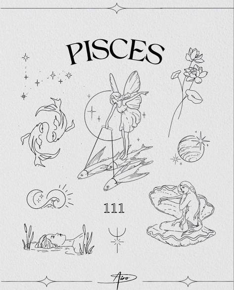 Pisces tattoo designs by Airo Tattoos Ideas Minimalist, Small Pices Tattoo Ideas, Pisces Patchwork Tattoo, Pisces Simple Tattoo, Pisces Minimal Tattoo, Minimalist Crystal Tattoo, Zodiac Flash Sheet, Minimalist Tattoo Pisces, Cute Pisces Tattoos