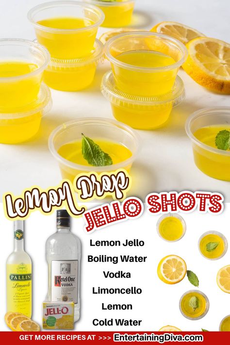 Lemon Drop Jello Shots Recipe Yellow Jello Shots Recipe, Limoncello Jello Shots, Lemon Drops Drink Recipe, Yellow Jello Shots, Strong Jello Shots Recipe, Lemon Drop Jello Shots, Lemon Jello Shots, Lemon Drop Shots, Champagne Jello Shots