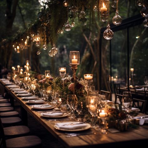 Modern Forest Wedding Decor, Outdoor Wedding Candle Decor, Magical Forest Wedding, Forest Wonderland, Enchanted Forest Wedding Theme, Hobbit Wedding, Reception Lighting, Ideas For Wedding Reception, Twilight Wedding