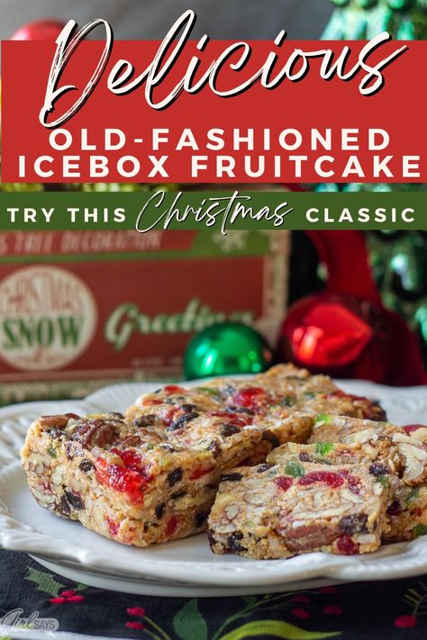 Icebox Fruit Cake Recipe, Icebox Fruitcake, Christmas Dessert Menu, Classic Christmas Dessert, Fruit Cake Cookies, Holiday Fruit, Cherry Coconut, Fruit Cake Christmas, Fruitcake Recipes