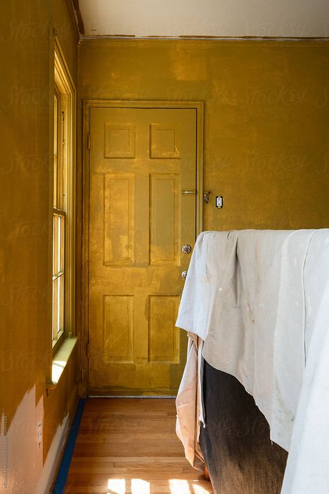 Process photo of room being painted a deep ochre yellow Yellow Room Aesthetic Walls, Ochre Bedroom, Hand Photography, Ochre Yellow, Room Painting, Yellow Room, Yellow Bedroom, Yellow Ochre, Yellow Walls