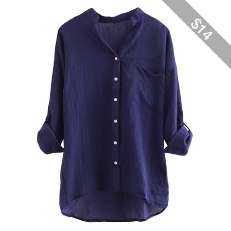 Navy Blue Stand Collar Plain Button Three Quarter Sleeve Ladies Blouse Three Quarter Sleeve Shirt, Linen Shirts Women, White Shirt Blouse, Fall Blouse, Navy Blue Blouse, Ladies Blouse, Navy Blue Shirts, Blue Long Sleeve Shirt, Linnet