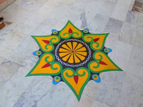 Hand painted with oil colours on marble flooring... Oil Paint Rangoli Designs On Floor Design, Oil Paint Rangoli On Floor, Rangoli With Paints On Floor, Oil Paint Rangoli Designs On Floor, Rangoli Painting On Floor, Oil Paint Rangoli, Paint Rangoli Designs, Paint Rangoli Designs On Floor, Diwali Artwork