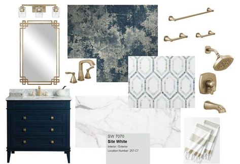 Bathroom Finishes and Fixtures Navy and Gold 3.0 Designer Picks Bathroom Remodel Selections - Etsy Bathroom Finishes, Navy Cabinets, Navy Blue Bathrooms, Navy Bathroom, Blue Bathroom Decor, Blue Vanity, My Bathroom, Gold Bathroom, Gold Interior