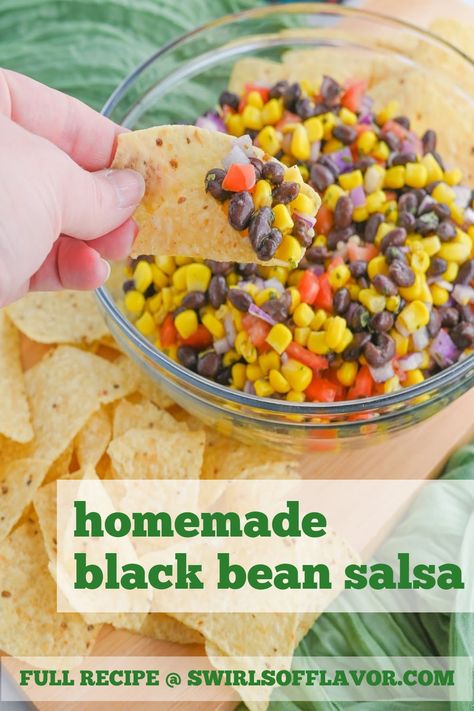 Homemade Black Bean Salsa is brimming with fresh flavors and guaranteed to be a crowd pleaser. Black beans, corn and fresh tomatoes combine with lime juice, cilantro and garlic in this homemade salsa recipe. Easy salsa recipe with black beans and corn. #cincodemayo #tacotuesday Recipes With Black Beans And Corn, Salsa Recipe Easy, Corn Black Bean Salsa, Recipe With Black Beans, Corn And Black Bean Salsa, Easy Homemade Salsa Recipe, Black Bean Salsa Recipe, Bean Salsa Recipe, Black Bean And Corn Salsa