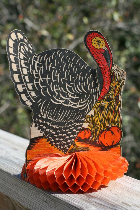 VINTAGE Turkey Centerpiece Paper Fold Out Turkey by AbateArts, $8.00 Thanksgiving Dinner Decor, Paper Turkey, Orange Tissue Paper, Place Settings Thanksgiving, Turkey Decor, Cardboard Display, Vintage Thanksgiving, Thanksgiving Tablescapes, Dinner Decoration