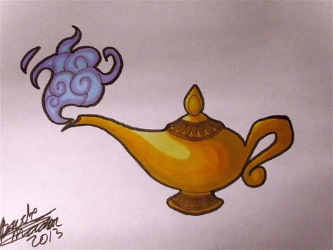 Commission Aladdin's Lamp by SilverAruka.deviantart.com on @deviantART France Project, Drawing Tattoo Ideas, Lamp Drawing, Disney Mural, Disney Inspired Tattoos, His Tattoo, Lamp Tattoo, Seashell Tattoos, Theme Painting