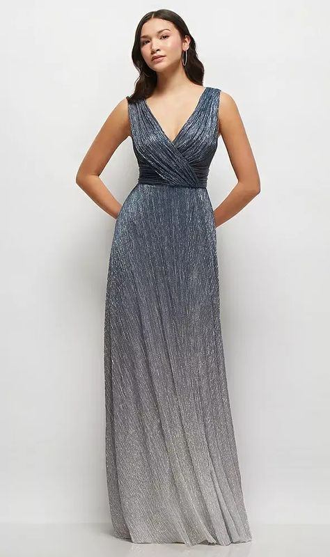 Draped V-neck Ombre Pleated Metallic Maxi Bridesmaid Dress With Deep V-back In Cosmic Blue | The Dessy Group Winter Bridesmaid, Winter Bridesmaids, Winter Bridesmaid Dresses, Dessy Collection, Shimmery Dress, Elegant Bridesmaid Dresses, Maxi Bridesmaid Dresses, Glam Looks, Junior Bridesmaid