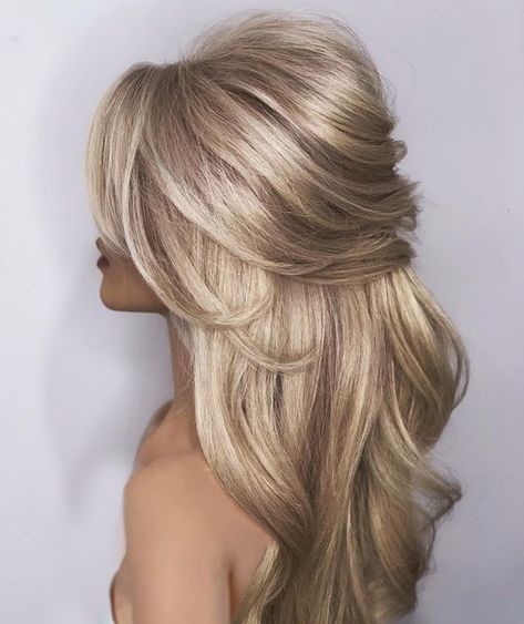 Partial Updo, Mother Of The Groom Hairstyles, Half Up Curls, Half Up Half Down Hairstyle, Down Hairstyle, Wedding Hair Half, Prom Hairstyle, Bardot Style, Mother Of The Bride Hair