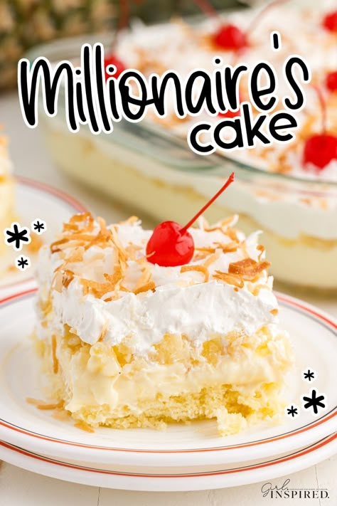 Million Dollar Cake Pineapple, Millionaires Cake Recipe, Cake With Pineapple And Cool Whip, Pineapple Vanilla Pudding Cool Whip, White Cake Mix With Vanilla Pudding, Pineapple Icebox Cake, Millionaires Cake, Philly Fluff Cake Recipe, Pineapple Pudding Cake