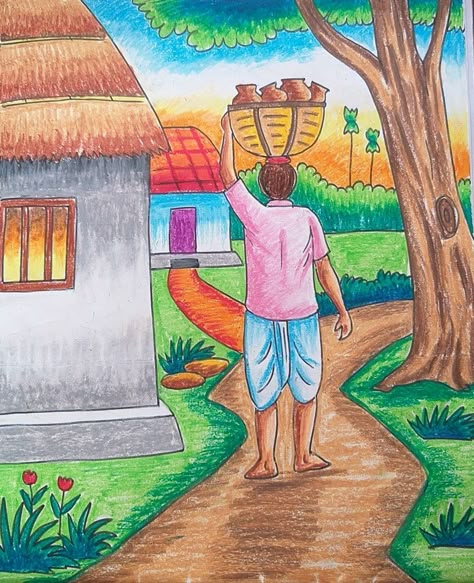 Scenery Painting With Human, Scenery Drawing With Human, Pastel Colour Scenery Drawing, Pastel Scenery Painting, School Scene Drawing, Human Figure Drawing Colour Pencil, Drawing Ideas Scenery Easy, Pastel Colors Drawing Ideas, Scenery With Human Figures