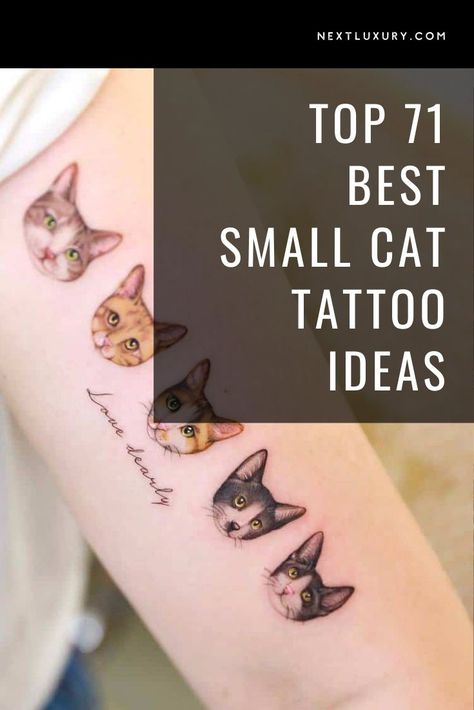 Small cat tattoos have fast become a body art staple. Tattoo artists need to be able to work across a range of design styles as people look to get ink to symbolize their prized pet. 5 Cats Tattoo, Cat Tattoo Placement Ideas, Meaningful Cat Tattoos, Multiple Pet Tattoo Ideas, Cat Memorial Tattoo Small, Cat Tattoo Designs Unique, Small Cat Tattoo Simple, Pet Cat Tattoo, Pet Tattoos Cat