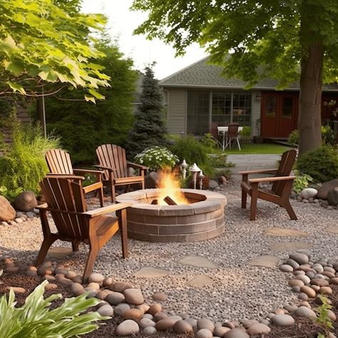 Create a Gravel Fire Pit Area Front Yard Landscaping Idea With Rocks Image Front Yard Patio Ideas With Fire Pit, Gravel Patio Fire Pit, Tree Landscaping Ideas, Firepit Design, Steel Decor, Outdoor Fire Pit Area, Landscaping Ideas With Rocks, Fire Pit Landscaping, Gravel Patio