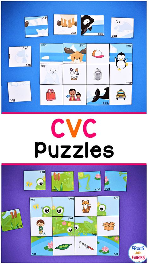 These CVC puzzles are an engaging way for your students to practice reading and spelling CVC words! Your beginning readers will have fun putting together these colorful puzzles! This printable set includes 5 colorful puzzles. Each one focuses on a different vowel. Education Printables, Spelling Cvc Words, Map Bag, Playful Learning, Pattern Activities, Beginning Readers, Kindergarten Learning Activities, Practice Reading, Kindergarten Learning