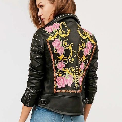 Stunning Embroidered Biker Jacket With Stud Detailing Helps Make Any Outfit Pop!! Vegan Leather Pleather Jacket, Urban Outfitters Jacket, Studded Leather Jacket, Moto Biker Jacket, Leather Jacket With Hood, Studded Jacket, Black Faux Leather Jacket, Cropped Leather Jacket, Embroidered Leather