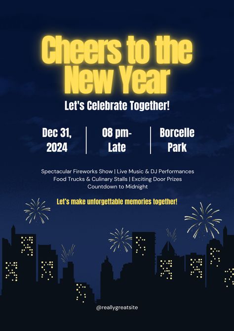 Raise a toast to the New Year in style! Our bold black, blue, and yellow event poster is the perfect way to announce your celebration. With a clear and easy-to-read design, it's never been simpler to invite everyone to join the fun. Let's make this New Year's Eve unforgettable! Cheers To New Beginnings, Cheers To The New Year, Event Poster Template, To New Beginnings, Learn Photo Editing, Fireworks Show, Event Poster, New Year Celebration, Lets Celebrate