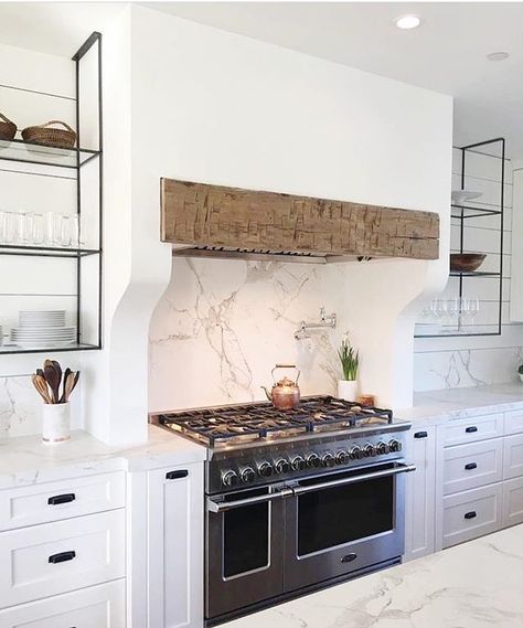 Currently using this hood as inspiration for a new project!! So amazing @marieflaniganinteriors!  Also this weeks favorites are up on beckiowens.com. #beckiowensfeature Luxury White Kitchen Design, Luxury White Kitchen, Bistro Shelving, Kitchen Hood Ideas, Kitchen Vent, Kitchen Range Hood, Kitchen Hoods, White Kitchen Design, Kitchen Range