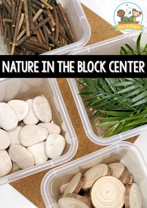 Natural Items in the Block Center. Incorporate natural materials in your blocks center. #preschool Blocks Center Preschool, Preschool Block Area, Art Center Preschool, Block Center Preschool, Blocks Center, Science Center Preschool, Preschool Classroom Setup, Science Area, Blocks Preschool