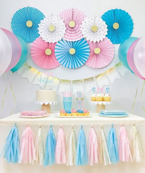 Blue Party Decorations, Paper Fan Decorations, Twin Birthday Parties, Idee Babyshower, Twins Birthday, Gender Party, Paper Fan, Gender Reveal Party Decorations, Baby Shower Decorations For Boys