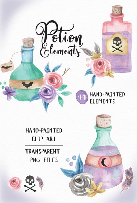 Spell Bottles, Bat Flower, Halloween Elements, Halloween Floral, Halloween Potions, Magic Bottles, Art Elements, Flower Leaves, Halloween Drawings