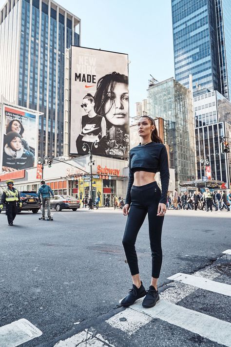 Exclusive: Bella Hadid and Her Abs Take on Times Square in Nike's #NYMade Campaign  - ELLE.com Bella Hadid Nike, Model Campaign, Bella Hadid News, Nike Legging, Nike Campaign, Latest Pakistani Fashion, Fits Ideas, Bella Hadid Style, Model Lifestyle