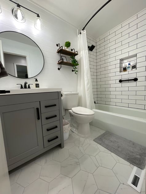 Farmhouse, subway, bathroom, white, gray, hexagon tile Small Bathroom Reno, Small Bathroom Renos, Small White Bathrooms, White Subway Tile Bathroom, Farmhouse Gray, Guest Bathroom Renovation, Gray And White Bathroom, Cheap Bathroom Remodel, Shiplap Bathroom