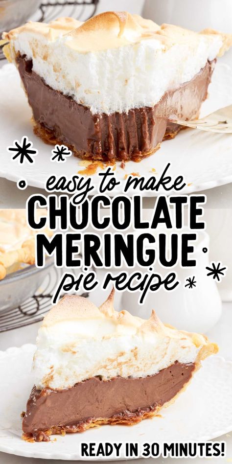 Rich and decadent, this chocolate meringue pie is a dream come true for anyone who loves chocolate. Cold Pies, Homemade Chocolate Pie, Chocolate Meringue Pie, Easy Chocolate Pie, Adult Snacks, Paris Bakery, Chocolate Pie With Pudding, Meringue Pie Recipes, Chocolate Meringue