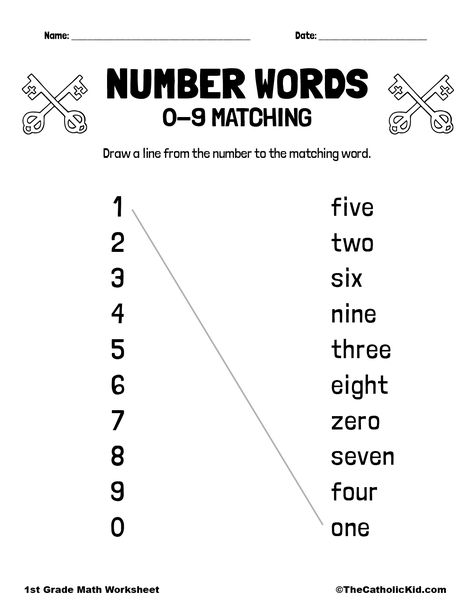 Match the Numbers - Keys of Saint Peter 1st Grade Math Worksheet Catholic 1st Grade Classroom Worksheets, Math Worksheet 1st Grade, Math Practice Worksheets 1st Grade, 1 Grade Math Worksheets, Free 1st Grade Worksheets Printables, Kinder Math Worksheets, Kindergarten Math Worksheets Free Printable, Grade 1 Maths Worksheets, Homeschooling 1st Grade