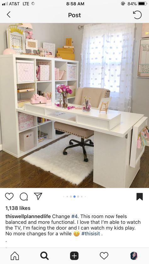 Home Office/craftroom Ideas, White And Gold Craft Room, Craft Area In Living Room, Desk Facing Door, Kallax Home Office, Cricut Office Space, L Shape Desk Office Layout Small Spaces, Home Office And Playroom Combo, Ikea Small Office