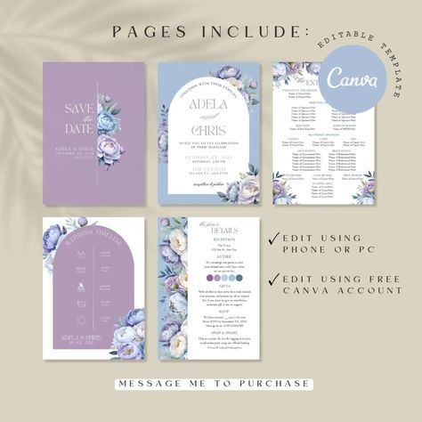 Lilac & Dusty Blue Wedding Invitation Template 💙💜 #wedding #weddinginvitation #invitation #invitationdesign #invitationtemplate #invitationlayout #dustybluewedding #lilacwedding #dustyblue #lilac #invitationsuite Blue Wedding Invitation Template, Dusty Blue Wedding Invitation, Invitation Template Wedding, Invitation Layout, Blue Wedding Invitation, Dusty Blue Wedding, Lilac Wedding, Dusty Blue Weddings, Template Wedding